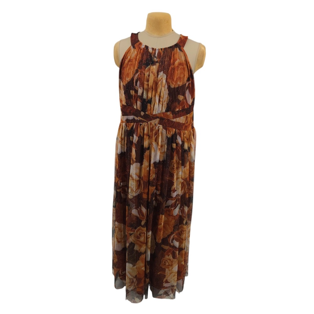 Womens Brown Floral Maxi Dress - Sleeveless Halter Style
